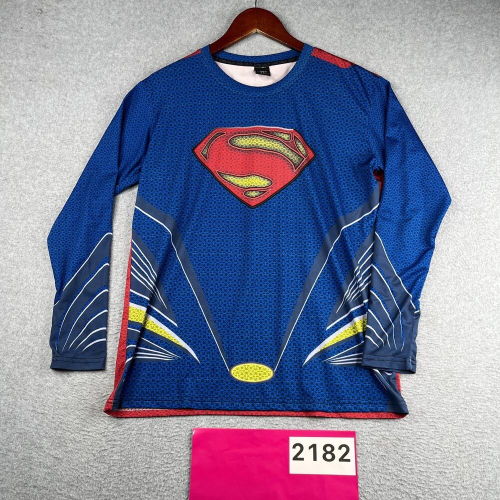 Superman Print Gym Gala T Shirt Mens 2XL Blue Stretch Active Long Sleeve